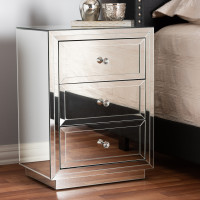 Baxton Studio RXF-1787 Lina Modern and Contemporary Hollywood Regency Glamour Style Mirrored Three Drawer Nightstand Bedside Table
